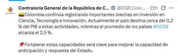 Contraloría alertó expansión de grupos armados y planteó fortalecer inversión en tecnología para la defensa