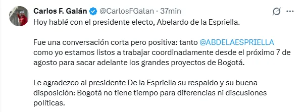 Galán y De La Espriella iniciaron acercamientos para coordinar agenda conjunta entre Bogotá y la Casa de Nariño