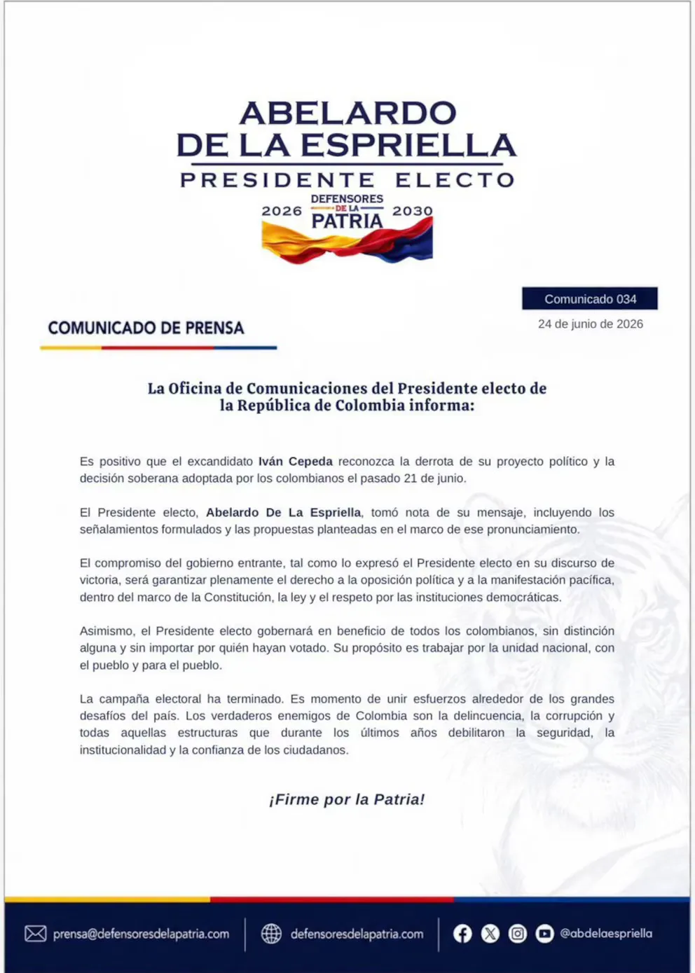 Gobierno entrante destaca reconocimiento de Iván Cepeda y llama a la unidad nacional