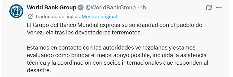 Banco Mundial inició coordinación con Venezuela para definir apoyo tras terremotos que dejan 188 fallecidos