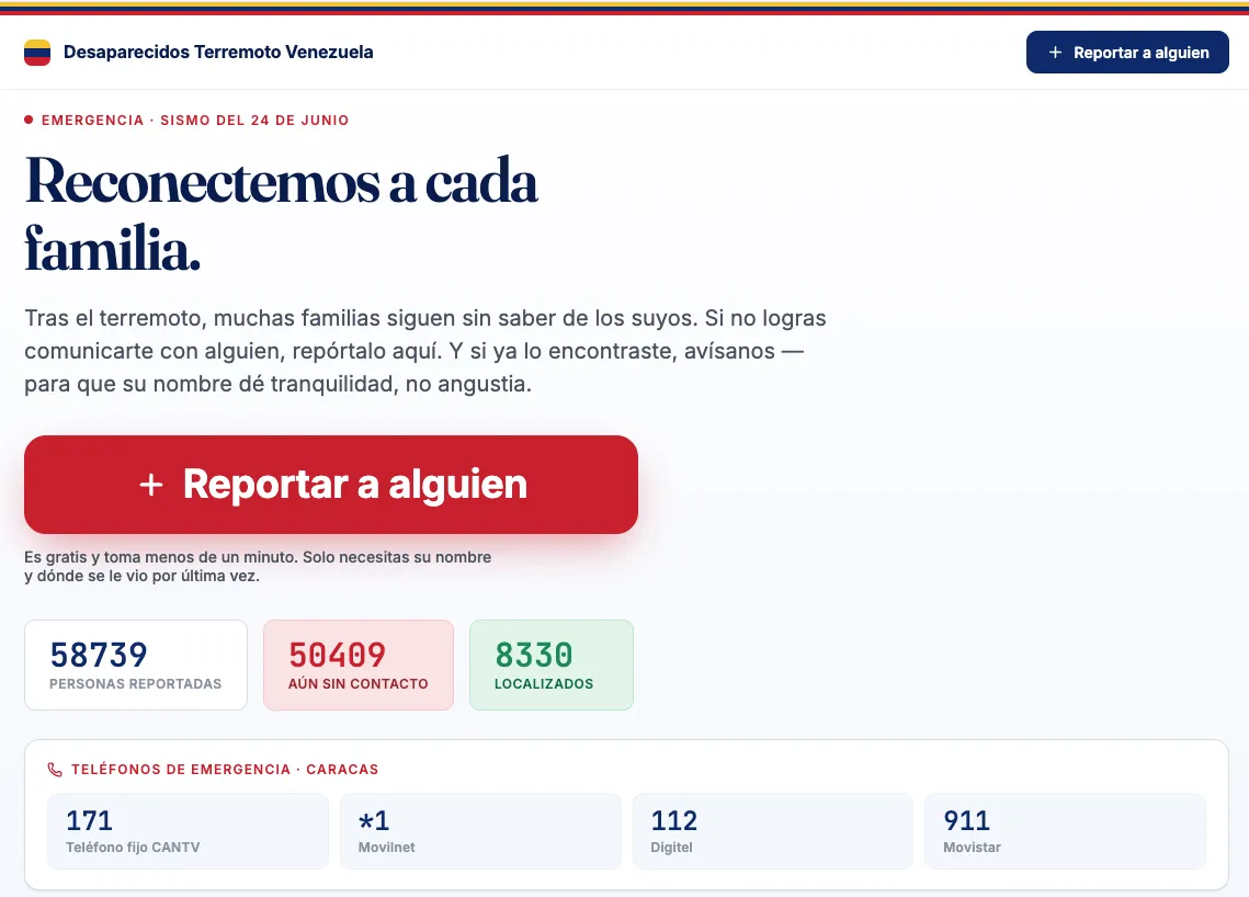 Más de 58.000 registros de desaparecidos en plataforma ciudadana que busca reunir a familias tras el terremoto en Venezuela