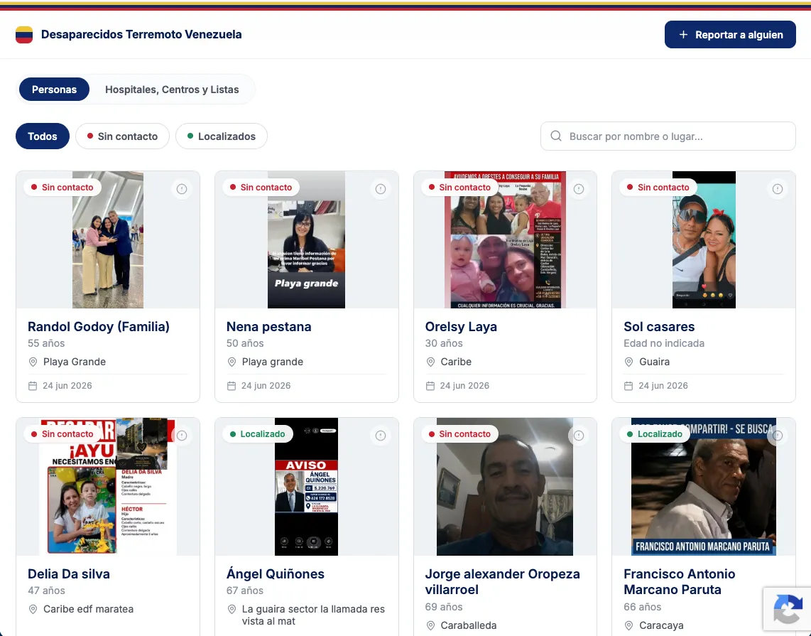 Más de 58.000 registros de desaparecidos en plataforma ciudadana que busca reunir a familias tras el terremoto en Venezuela