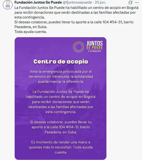 Bogotá habilitó centros de acopio para recibir ayudas destinadas a los damnificados por los terremotos en Venezuela