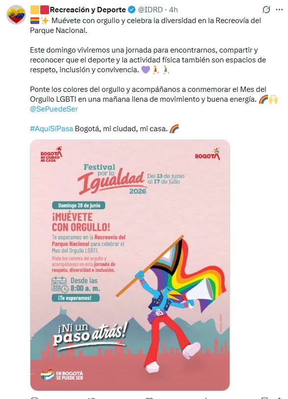 Ciclovía de Bogotá tendrá modificaciones este domingo por movilización del Orgullo LGBTI