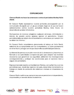 Caracol Radio expresó respaldo a Norbey Valle David tras amenazas por su labor periodística y pidió garantías 