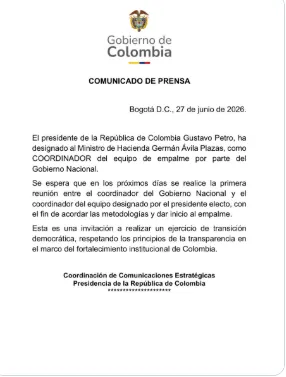 Petro designó al Ministro de Hacienda  Germán Ávila para liderar el empalme con el gobierno entrante de Abelardo De la Espriella