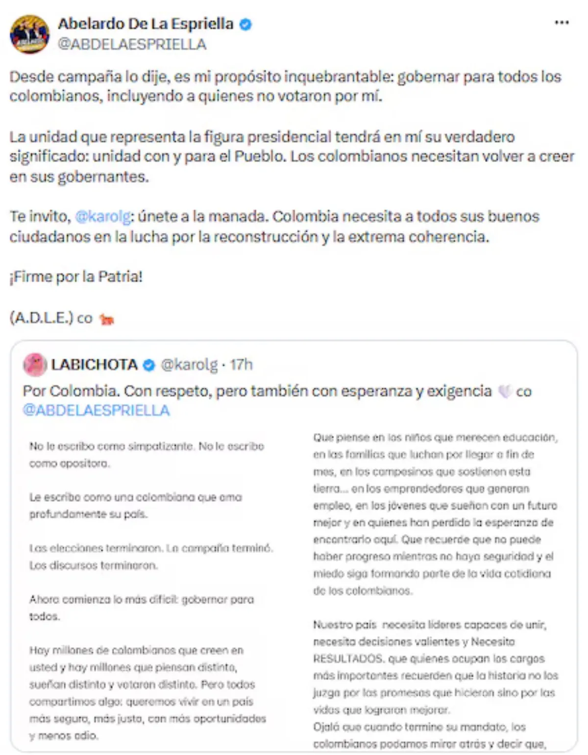 Abelardo de la Espriella le respondió a la Bichota Karol G y la invitó a sumarse a un proyecto de unidad nacional