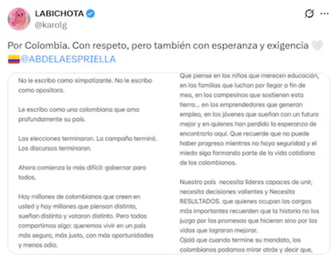 Abelardo de la Espriella le respondió a la Bichota Karol G y la invitó a sumarse a un proyecto de unidad nacional