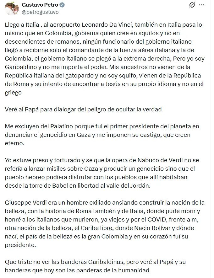 Petro llegó a Italia y se quejó: Cuestionó protocolo de bienvenida ya que afirmó que ningún funcionario del Gobierno fue a recibirlo