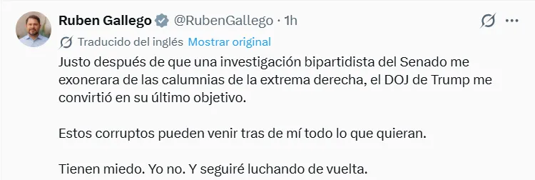 Comité de Ética del Senado de EE. UU. archivó investigación contra Rubén Gallego por falta de pruebas