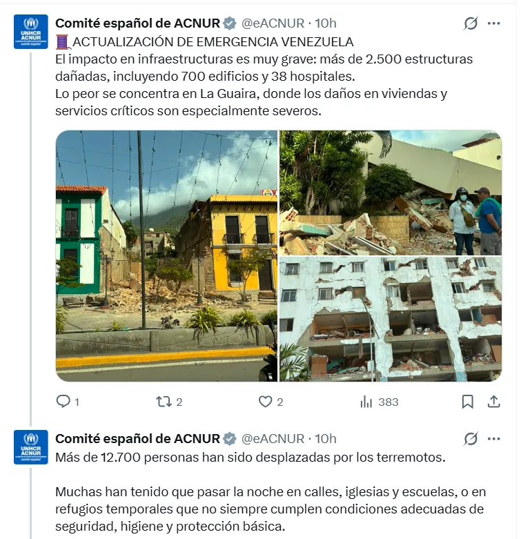 ACNUR alertó por el agravamiento de la crisis humanitaria en Venezuela tras los terremotos