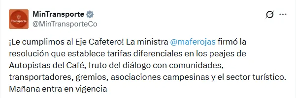 Desde este 1 de julio entrarán en vigor tarifas diferenciales en cinco peajes del Eje Cafetero
