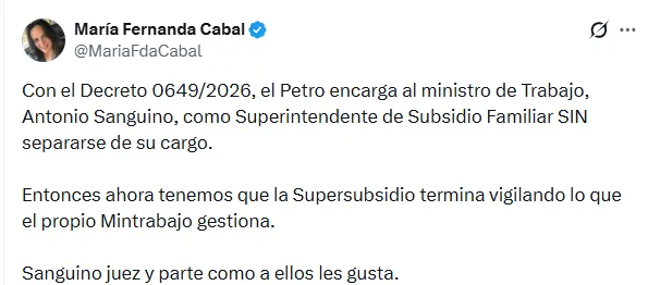 Cabal cuestionó encargo de Sanguino como superintendente de Subsidio Familiar sin dejar el MinTrabajo