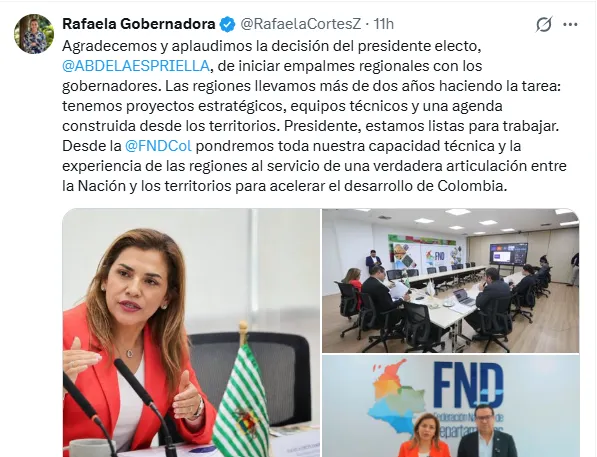 Rafaela Cortés destacó decisión de Abelardo De La Espriella de iniciar empalmes regionales con los gobernadores