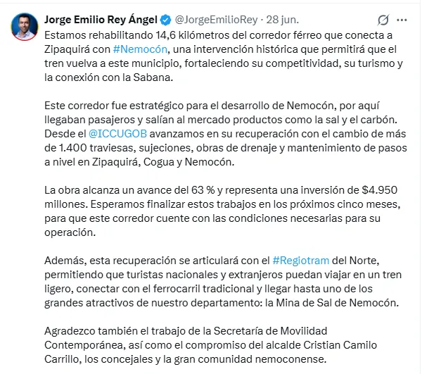 Después de 21 años, el Tren de la Sabana volvería a llegar a Nemocón con obras que finalizarían en agosto