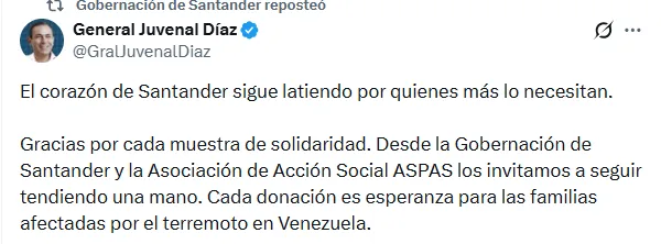 Santander inició envío de 40 toneladas de ayuda humanitaria para damnificados en Venezuela
