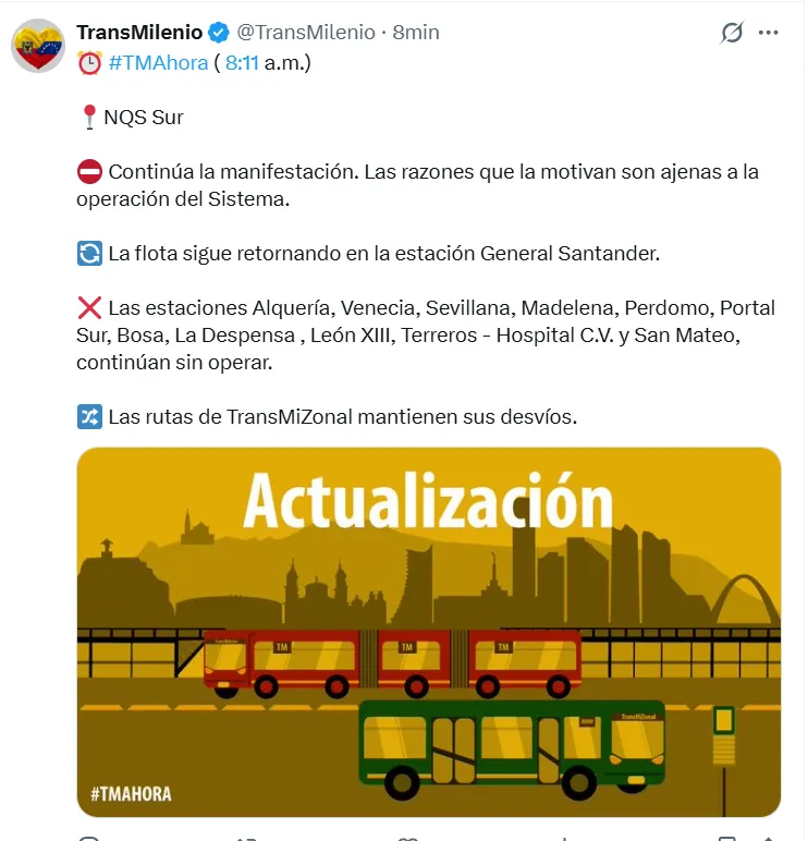Colapsa movilidad en Bogotá: Bloqueos en la Autopista Sur mantienen afectada la movilidad entre la capital y Soacha