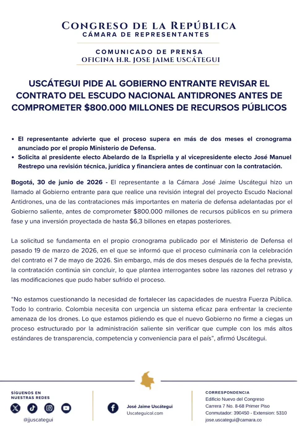 Contrato del escudo antidrones queda bajo la lupa. Piden al Gobierno electo revisar millonaria contratación del Ministerio de Defensa y despejar dudas sobre transparencia