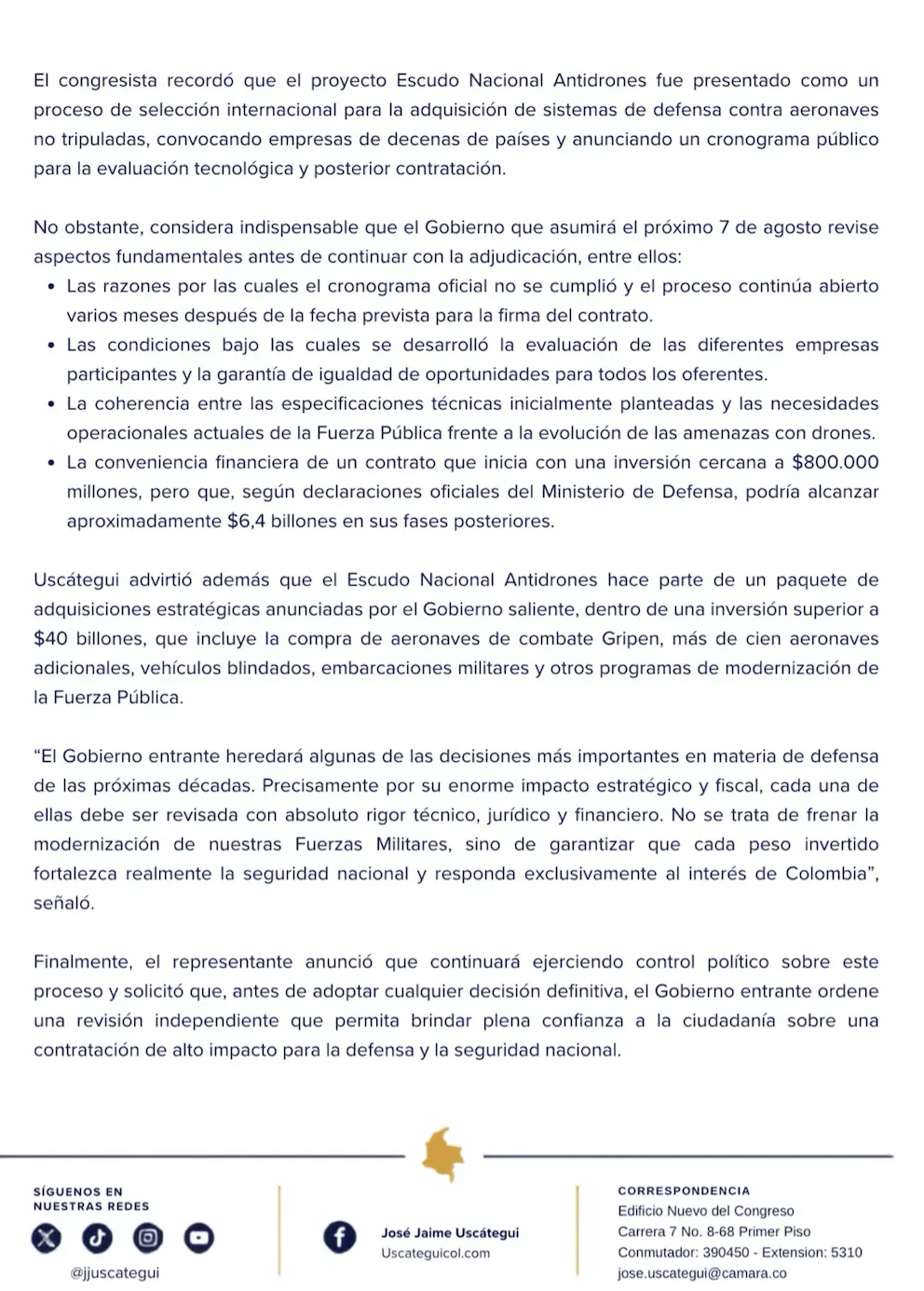 Contrato del escudo antidrones queda bajo la lupa. Piden al Gobierno electo revisar millonaria contratación del Ministerio de Defensa y despejar dudas sobre transparencia