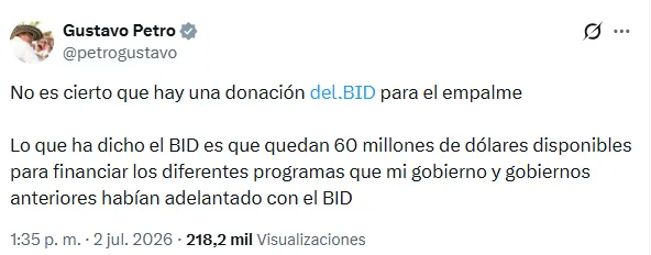 Petro desmintió que los US$60 millones del BID sean una donación para el empalme del gobierno de De La Espriella