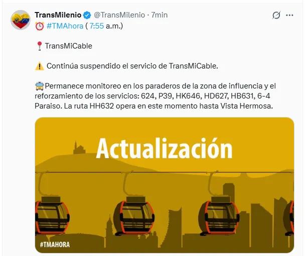 TransMiCable sigue suspendido por fallas técnicas y refuerzan rutas del SITP en Ciudad Bolívar