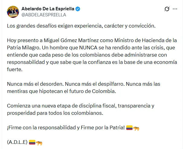Así avanza el gabinete de Abelardo De La Espriella: Estos son los ministros confirmados y los nombres que suenan