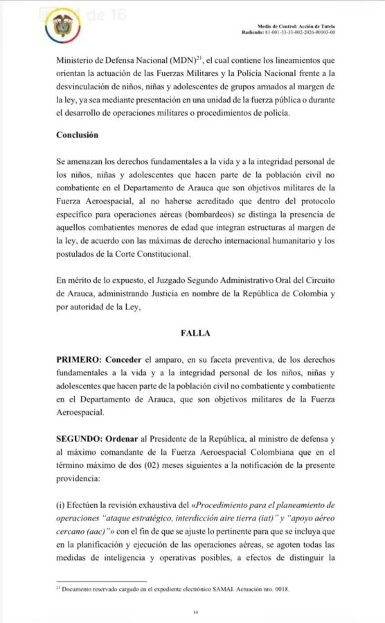 Juzgado ordenó suspender bombardeos en Arauca mientras se ajustan protocolos para proteger a menores reclutados