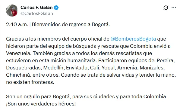 (EN VIDEO) Galán recibió a los bomberos que regresaron de Venezuela y destacó su labor en la misión de rescate