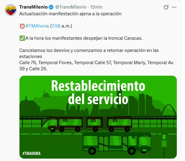 Trabajadores de la primera línea del Metro bloquearon la Caracas y afectaron el servicio de TransMilenio en Bogotá