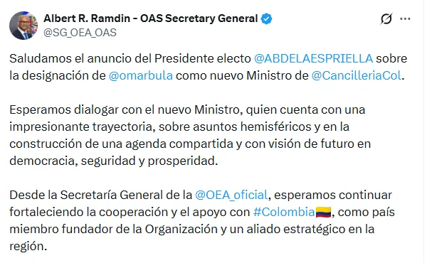 OEA resaltó nombramiento de Bula como futuro canciller y expresó interés en fortalecer la cooperación con Colombia