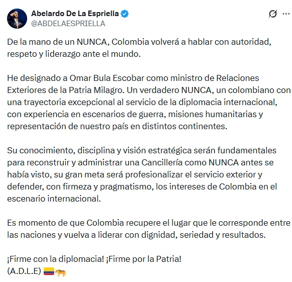 OEA resaltó nombramiento de Bula como futuro canciller y expresó interés en fortalecer la cooperación con Colombia