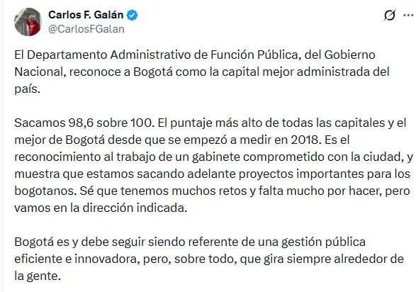 Bogotá encabezó el Índice de Desempeño Institucional y obtiene la mayor calificación entre las capitales del país