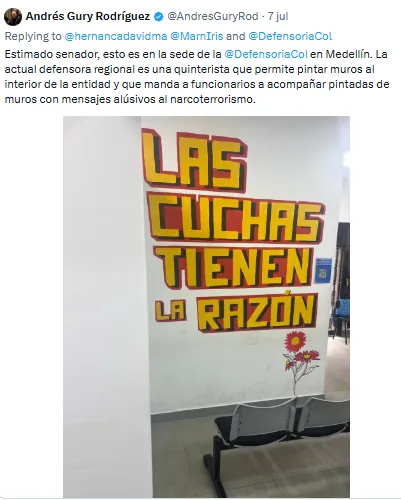 Polémica por grafitis en oficinas de la Defensoría del Pueblo en Medellín reavivó debate