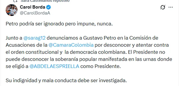 Sara Castellanos y Carol Borda denunciaron a Petro ante la Comisión de Acusación por presunto desconocimiento de resultados electorales
