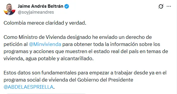 Jaime Andrés Beltrán solicitará información del MinVivienda mediante derecho de petición tras suspensión del empalme