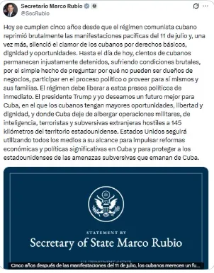 Rubio conmemoró el 11J y aseguró que Washington mantendrá medidas contra el Gobierno cubano