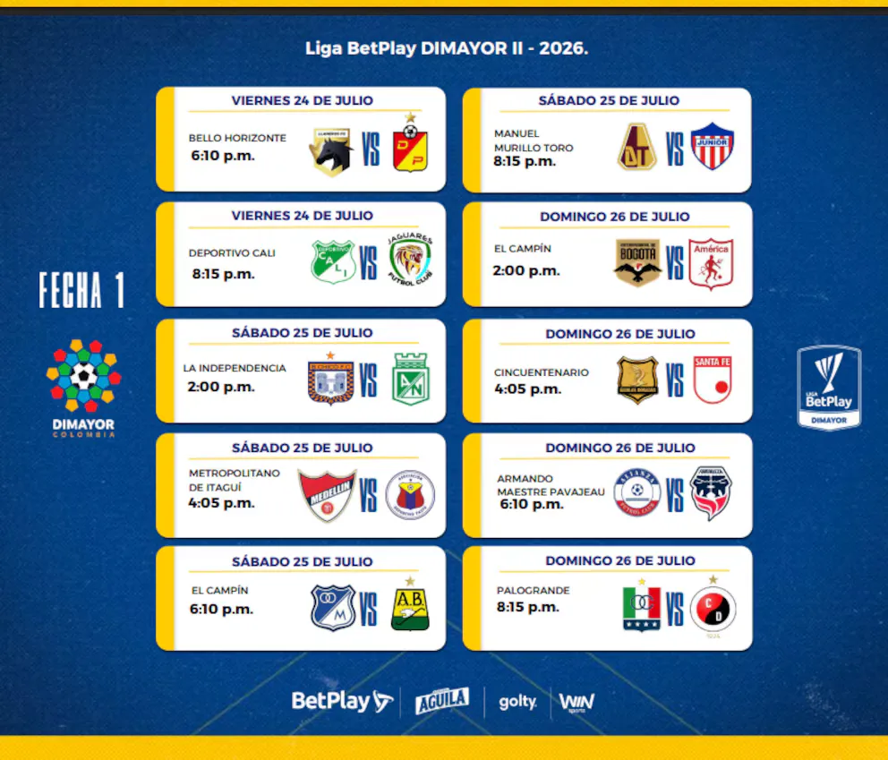 El fútbol colombiano vuelve el 24 de julio: la Liga BetPlay II-2026 recupera los cuadrangulares