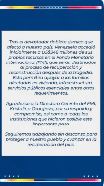 Delcy Rodríguez confirmó desembolso de US$346 millones para la recuperación de las zonas afectadas por los sismos