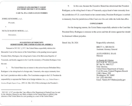 Administración Trump respaldó inmunidad judicial de Delcy Rodríguez en proceso ante corte de Florida