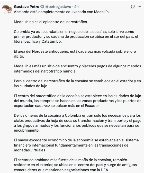 Petro responde a De la Espriella y asegura que Medellín ya no es el epicentro del narcotráfico