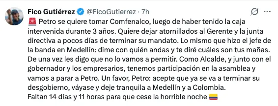 Federico Gutiérrez denuncia presunto intento del Gobierno Nacional de controlar Comfenalco Antioquia. Intergremial invita a defensa de la entidad