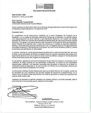 Presidencia del Congreso consultó a las Fuerzas Militares sobre garantías para ceremonia de posesión de Abelardo De la Espriella en el Cauca 