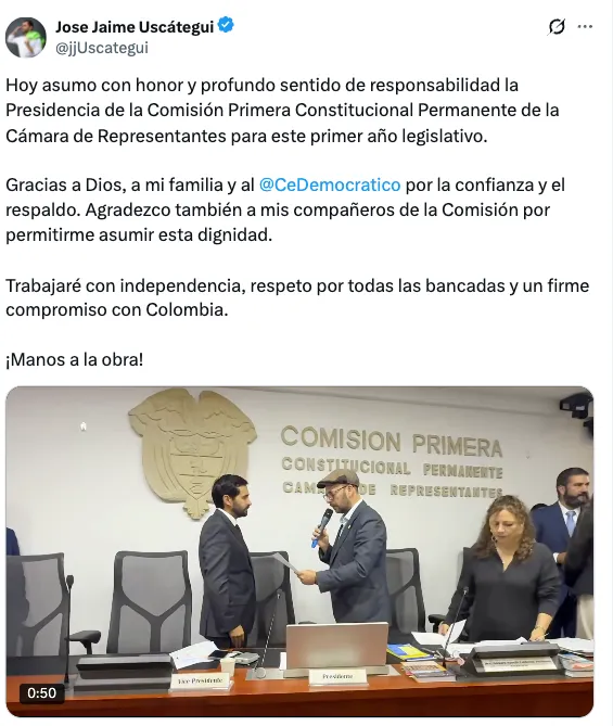 José Jaime Uscátegui asume la presidencia de la Comisión Primera de la Cámara para el periodo legislativo 2026-2027