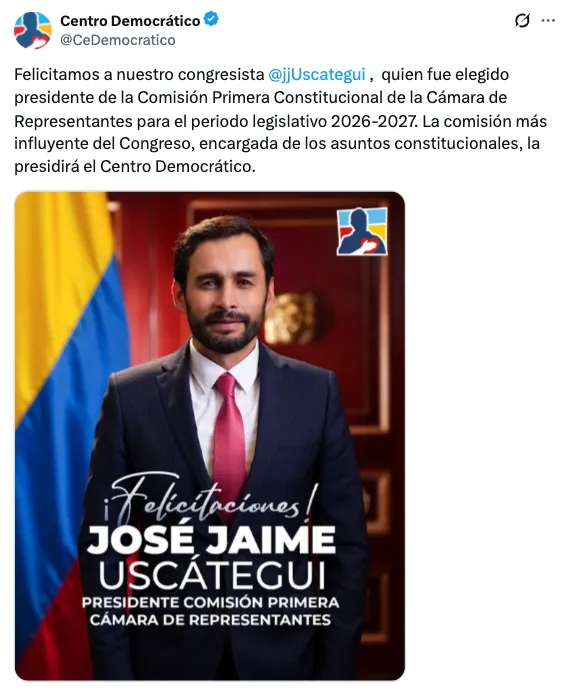 José Jaime Uscátegui asume la presidencia de la Comisión Primera de la Cámara para el periodo legislativo 2026-2027
