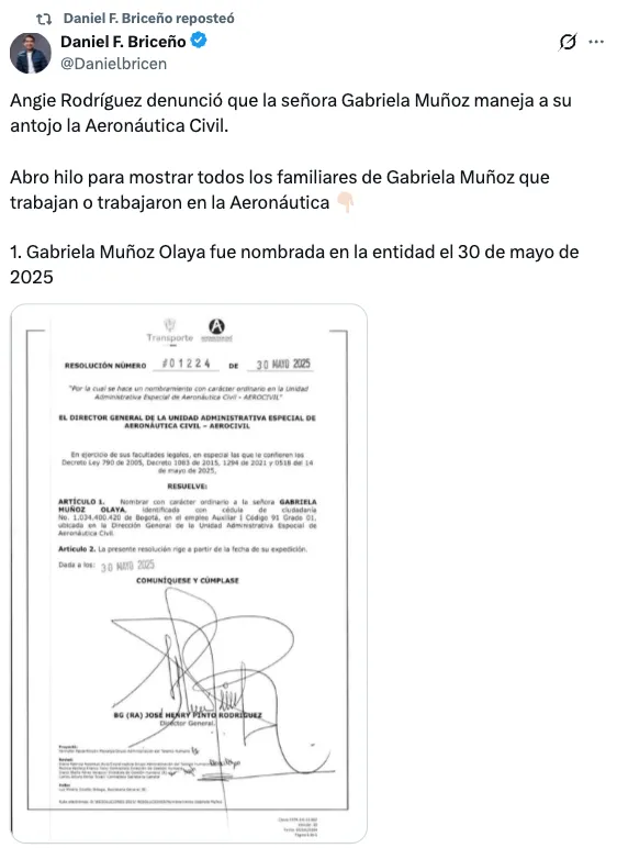 Daniel Briceño reveló contratos de familiares de Gabriela Muñoz en la Aerocivil y pidió investigar posibles conflictos de interés