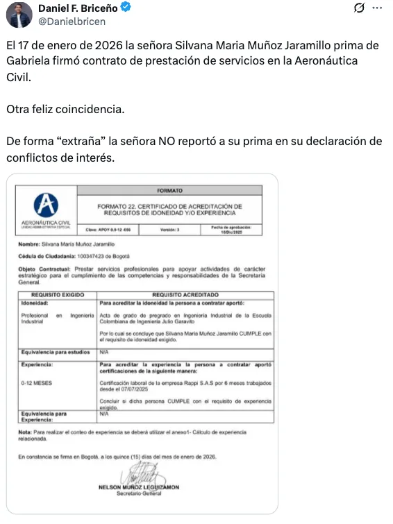 Daniel Briceño reveló contratos de familiares de Gabriela Muñoz en la Aerocivil y pidió investigar posibles conflictos de interés