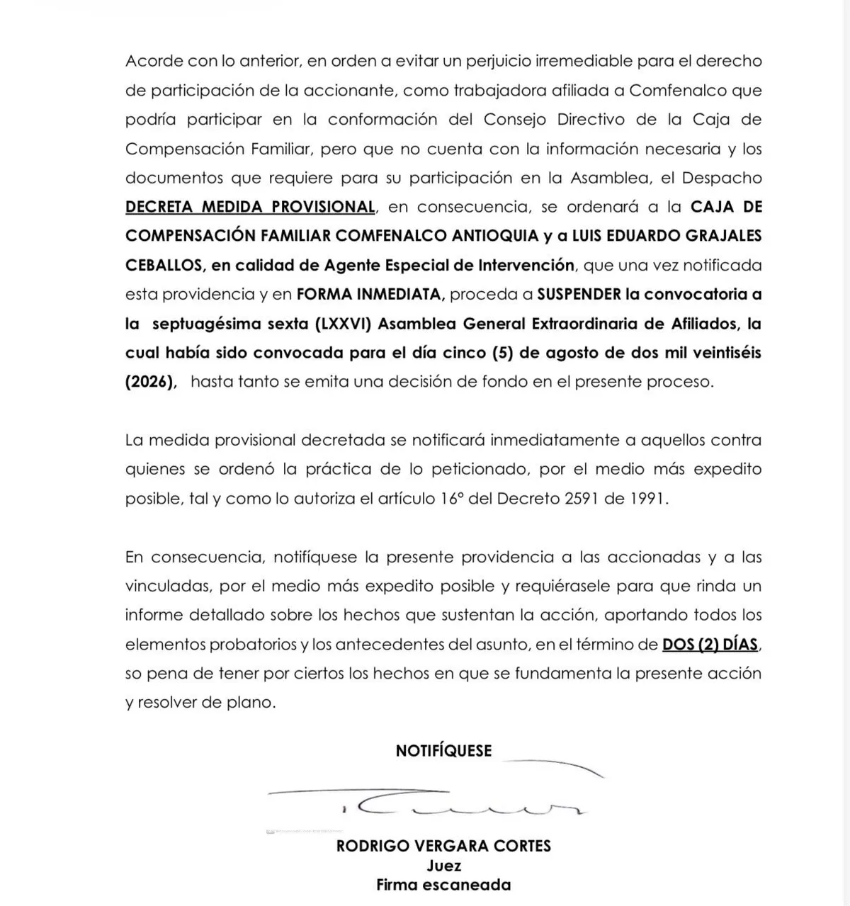 Juez ordenó suspender de manera inmediata la Asamblea General Extraordinaria de Comfenalco Antioquia convocada para el 5 de agosto