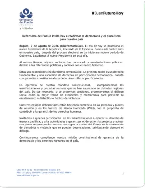 Llamado de la Defensoría a la participación pacífica en la nueva etapa institucional del país