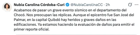Gobernadora del Chocó reporta heridos y graves daños tras el sismo de 7,4. Autoridades evalúan afectaciones