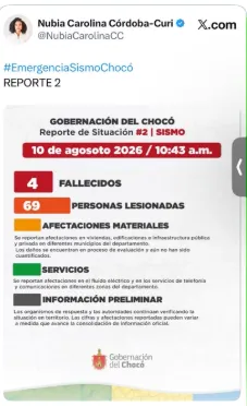 Gobernación confirmó cuatro personas fallecidas y 69 heridas por el sismo en Chocó